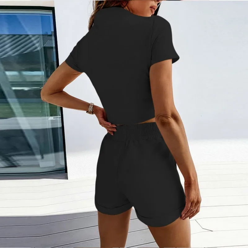 

2020 Summer Women Two Piece Set Casual Suits Casual Short-sleeved T-shirts And High Waist Exposed Navel Shorts Women's Suits top