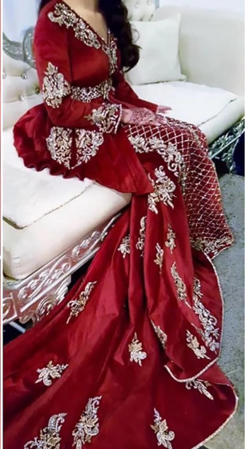 Smileven Red Mermaid Moroccan caftan Evening Dress Velvet Long Sleeve Applique Gowns Formal Party | Свадьбы и торжества
