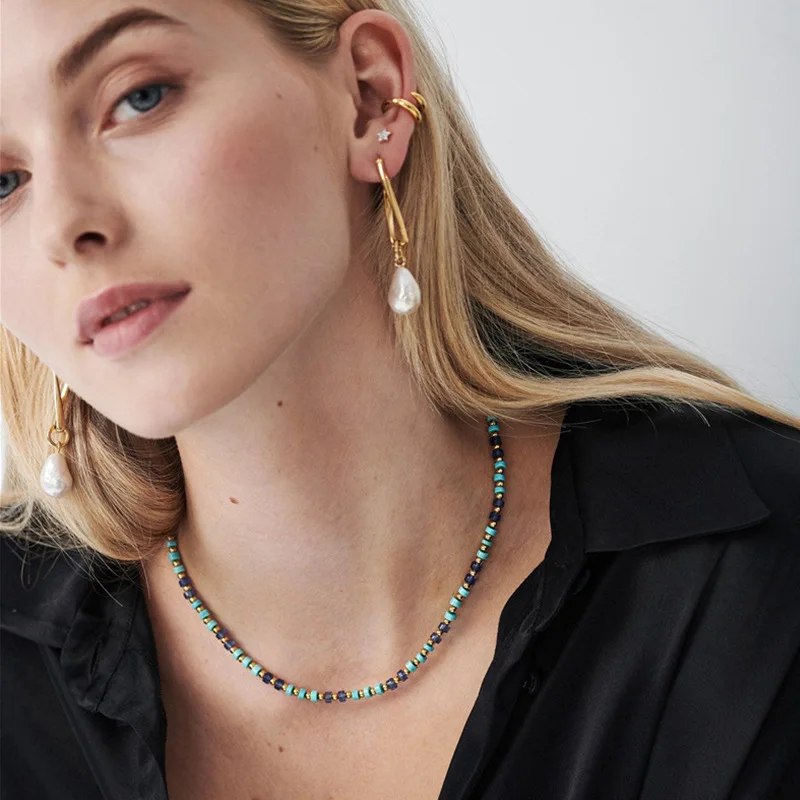 

Bohemian Style Beaded Turquoise Necklace Female Semi-precious Stones Handmade Fine Choker Niche Ins Wind Natural Stone Necklace