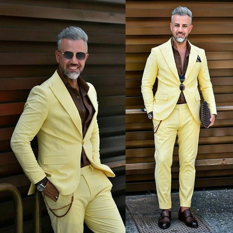 

Light Yellow Men Suits Peaked Lapel One Button Prom Suits Slim Fit Blazer Jacke Men Tuxedos Groom Wedding Suits Coat+Pant