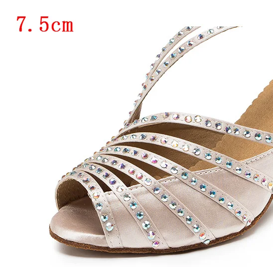 Beige 7.5cm Женские туфли для латинских танцев; стразы высокий каблук; женские туфли для танцев; туфли для латинских танцев со стразами; женские бальные туфли для сальсы - Цвет: Beige 7.5cm
