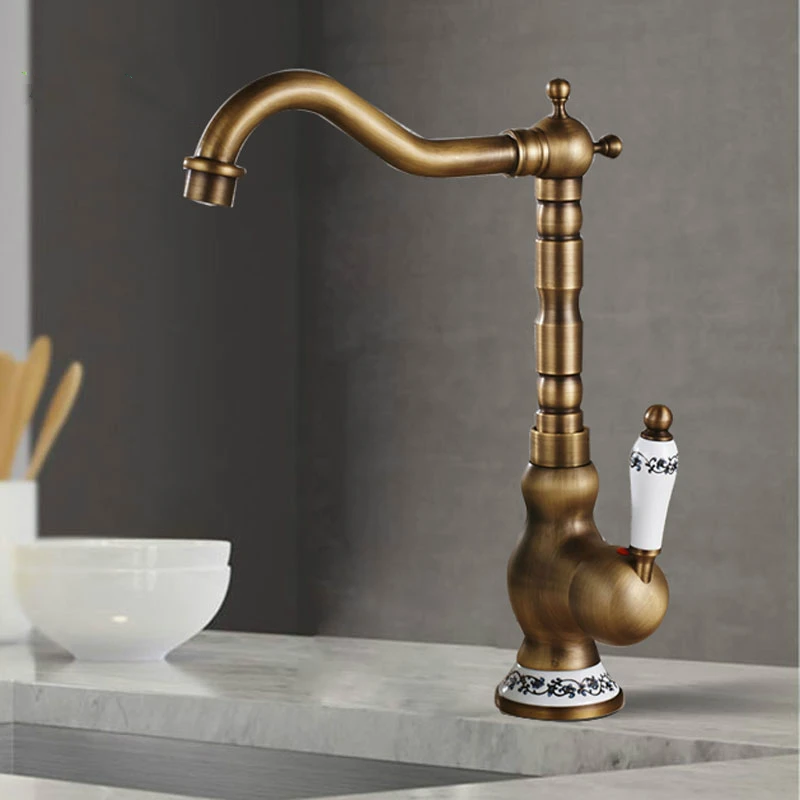 

Antique Brass Kitchen Faucet Hot & Cold Mixer Tap Single Hole Bathroom Faucet Rotatable crane Blue and white porcelain handle