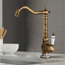 Antique Brass Kitchen Faucet Hot & Cold Mixer Tap Single Hole Bathroom Faucet  Rotatable crane Blue and white porcelain handle