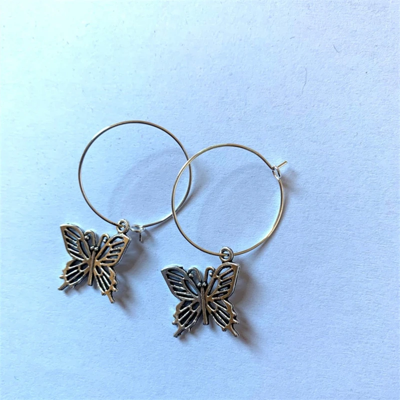 

Beautiful drop dangle butterfly hoop earrings Antique silver color Alloy 3cm hoop