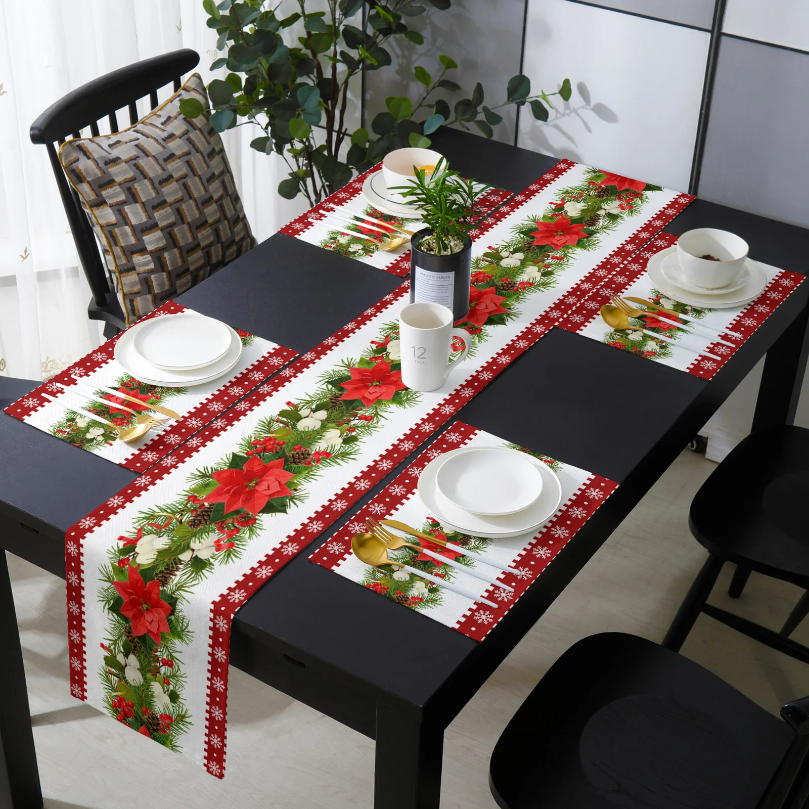 

Christmas Flower Snowflake Pine Berry Table Runner and Placemat Set Wedding Table Decor Table Runner Christmas Decor Tablecloth