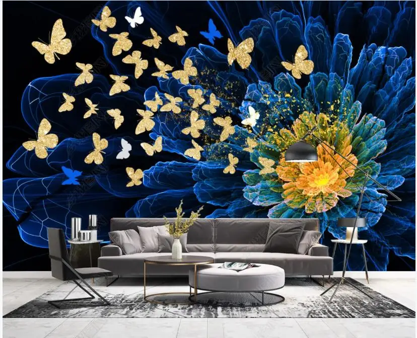 3d wallpaper for walls in rolls Modern fantasy golden butterfly blue flower custom mural home Decor photo wallpaper living room