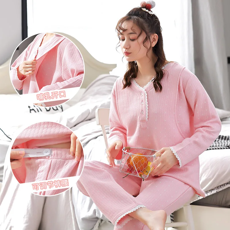 

Breastfeeding Pajamas Set Autumn Winter Maternity Velvet Clothing Thick Pregnant Women Pajamas Nursing Coat Long Pants Set