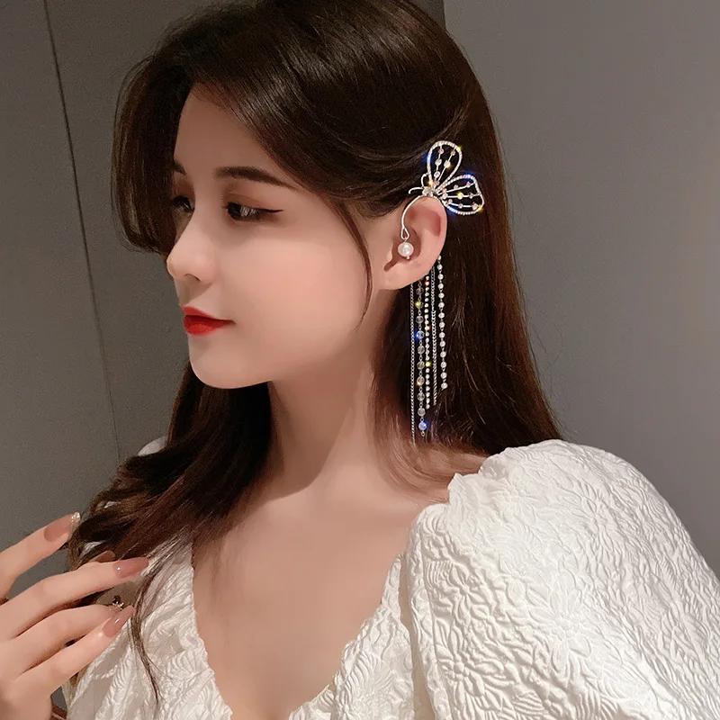 

Модные серьги-клипсы с кристаллами в виде бабочки, жемчужные бусины, ушные манжеты, длинные кисточки, очаровательные полые серьги для женщи...