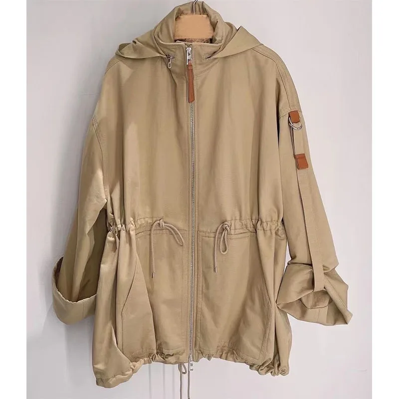 

Atheflow Winter Women Hooded Removable Windbreaker Pocket Folding Cuff Overcoat Waist Hem Drawstring Loose Fashion Trench Coat