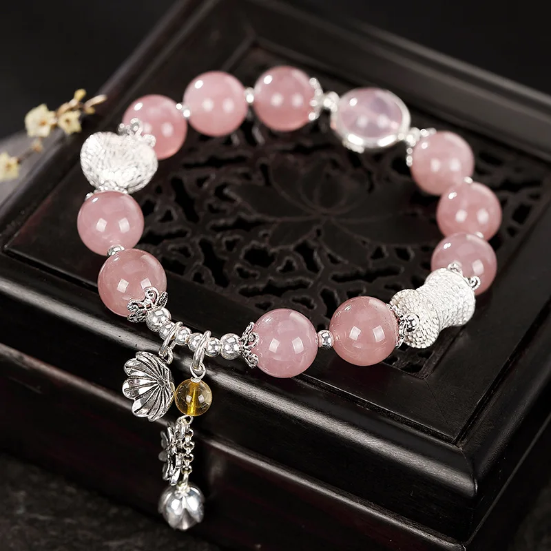 

Браслеты из розового кварца с натуральным камнем женские, эластичные цепочки из серебра 100% пробы с бусинами в форме лотоса, браслет с драгоц...