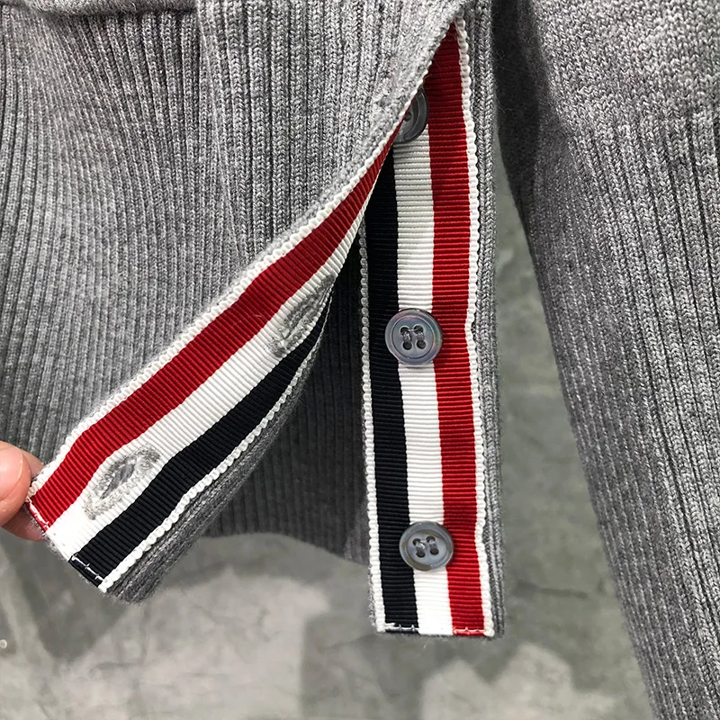 TB THOM Men's Sweater Autunm Fashion Brand Coats Matchstick Men 4-bar Stripe Knit V-neck Cardigan Slim Fit Wholesale Sweater