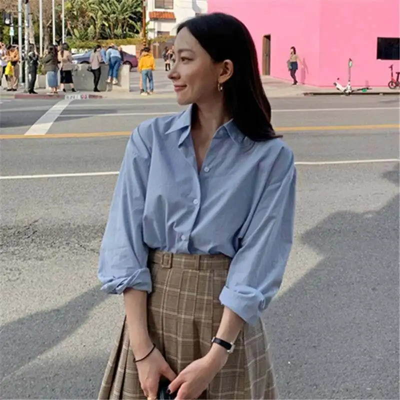 

LANMREM 2020 Early autumn turn-down collar single-breasted all-match fashion Korean style loose white blue women's shirt 2A1664