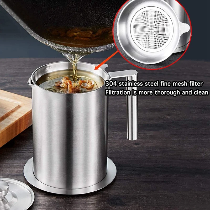 

All 304 Stainless Steel Grease Strainer and Container-1.5L Quart Large Oil Storage Pot Grease Keeper with Dust-Proof Lid