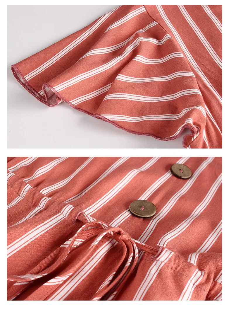 

Summer Striped Print Button Ruffles Dress Women V-neck Shorts Sleeve Casual Female Midi Dress A-line Fashion Ladies Beach Dress