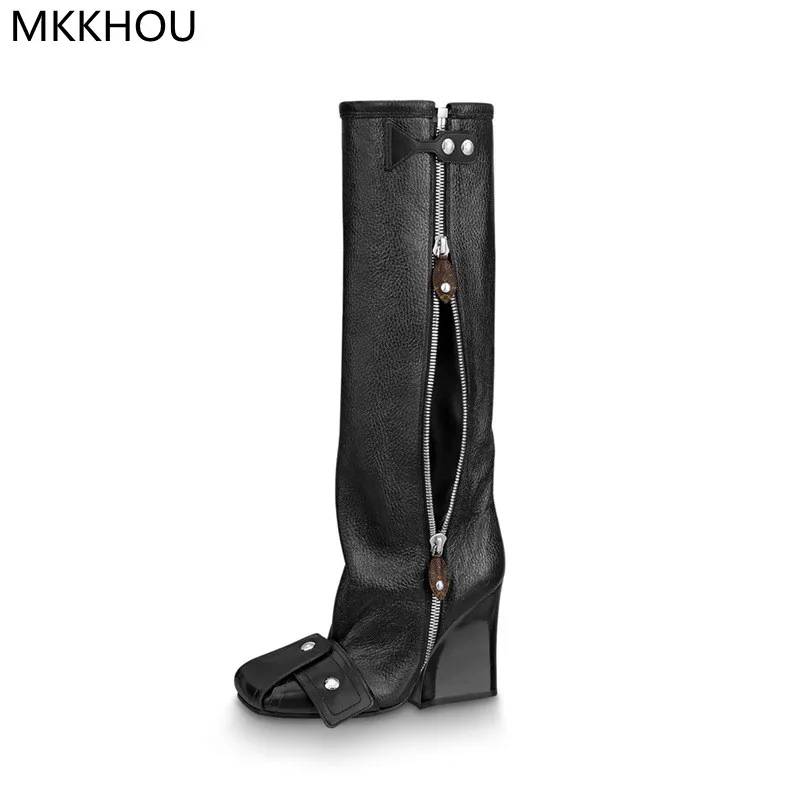 MKKHOU Fashion Knee-High Women Boots New High-Quality Leather Wedge Heel Boots Personality Street Punk Style Motorcycle Boots