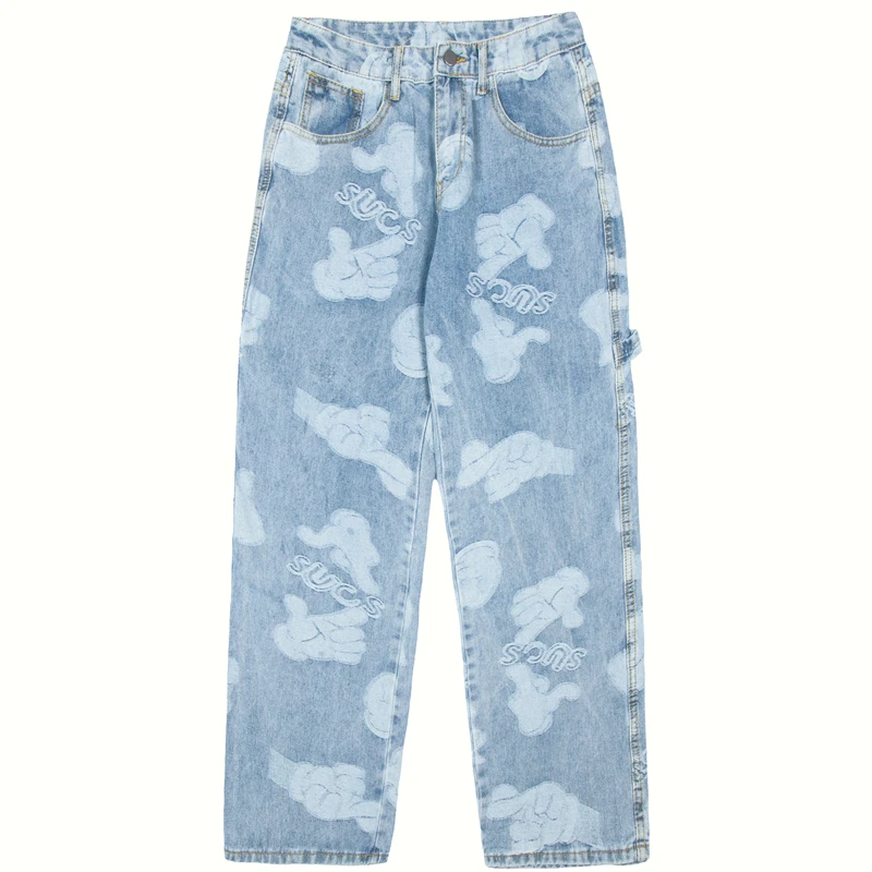 

Винтажные потертые джинсы для мужчин и женщин, уличная одежда, джинсовые брюки с мультяшным принтом, Модные свободные прямые брюки с широки...