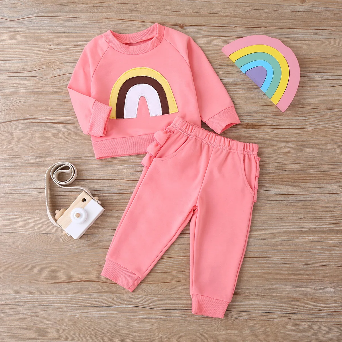 

Fashion Newborn Baby Girl Clothes Set 2 Piece Sets Cotton Rainbow Print Long Sleeve Sweater Tops+solid Ruffles Trousers 0-18M