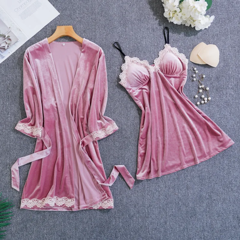 Сексуальный женский велюровый ночной халат 2 шт. топ на бретелях комплект одежды