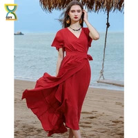cgyy new vintage long summer maxi dresses for women 2021 ladies solid red v neck beach sarongs knit satin female belt vestidos