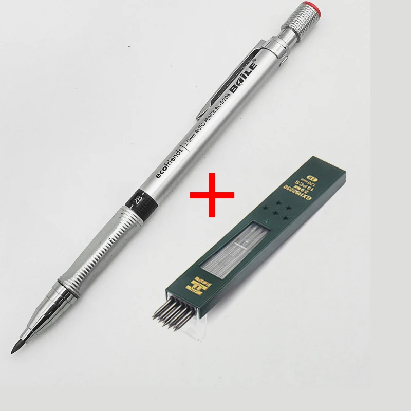 Silver pen SB2 1 шт. механический карандаш, 2,0 мм свинцовый стержень, черный/синий/серебристый бочонок автоматический карандаш для экзамена Рисование школьные офисные принадлежности - Цвет: Silver pen SB2