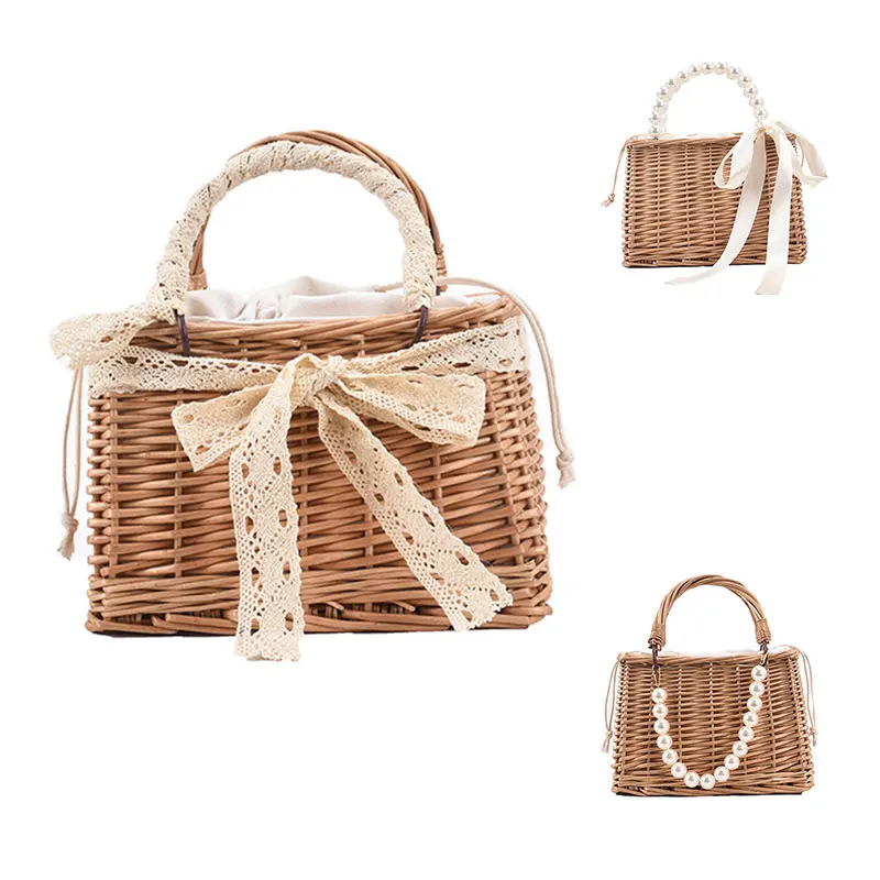 

Женская плетеная пляжная сумочка, Соломенная Сумка-тоут ручной работы из ротанга, с жемчужинами, лето