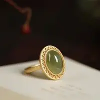 

New Original Jasper Ring S925 Sterling Silver Ancient Gold Retro Opening Jade Elegant and Ethnic Style Ring