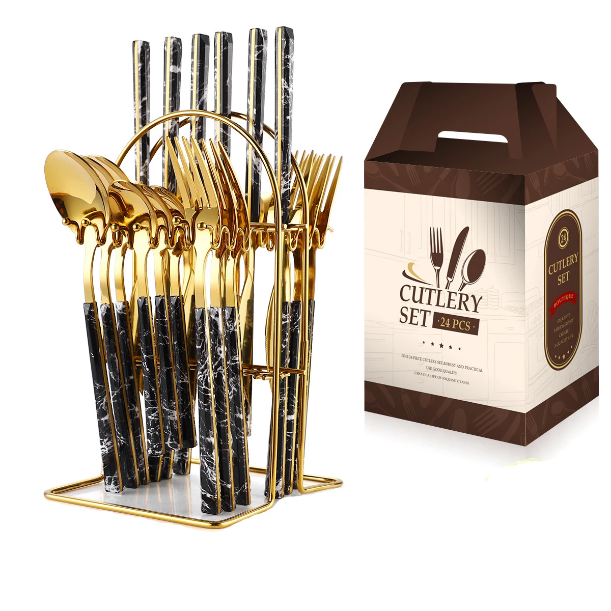 

24 шт. столовая посуда из нержавеющей стали с мраморной текстурой ручка нож вилка ложка столовая Посуда Кухонное устройство Подарочная коро...