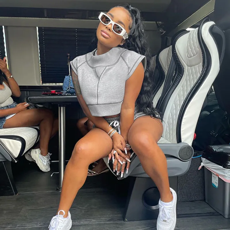

Women Autumn Two Piece Set Solid Sleeveless Tops+Elastic Waist Drawstring Shorts Casual Women Fashion Gym Street Clothing Suits