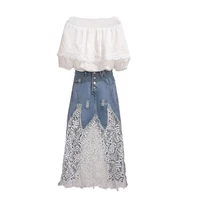 fashion 4xl denim skirts sets women summer 2022 new white off shoulder top and lace spliced denim skirt two piece suit women