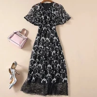 2021 long dress spring summer dress crew neck short sleeve embroidery black mesh fashion womens clothes