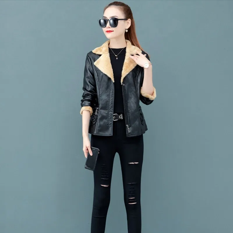 Толстые теплые женские Куртки из искусственной кожи с флисовой подкладкой