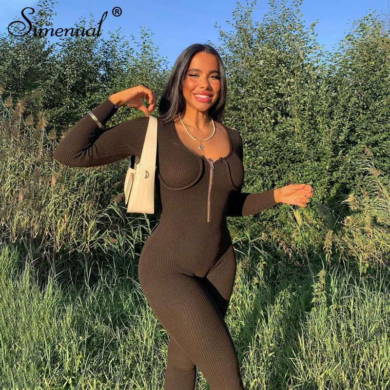 

Simenual Ribbed Zipper Loungewear Tight Long Jumpsuits Sporty Workout Active Wear Solid Basic Simple Women Casual Jumpsuit New