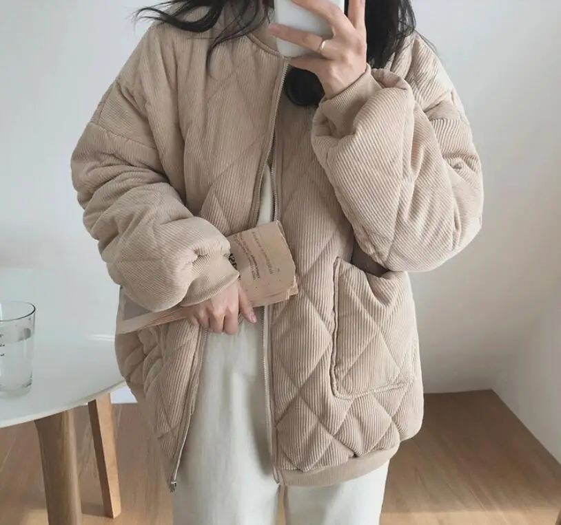 

Женская Вельветовая куртка-пуховик, винтажная короткая куртка оверсайз с карманами, Осень-зима 2021