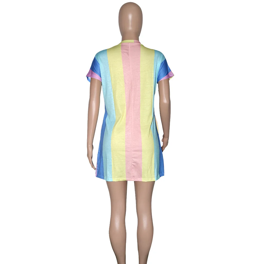 

Women Summer Mini Dress Straight Female Robe Striped Short Sleeve Streetwear Vestidos Loose Casual Women Office Dresses