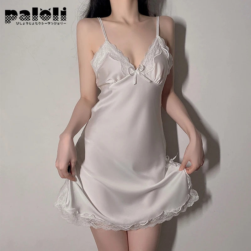 Women Sexy Lingerie Silk Nightgowns Satin Sleepwear Sleeveless Nighties V-neck Nightdress Female Night Home Cloth White Dress