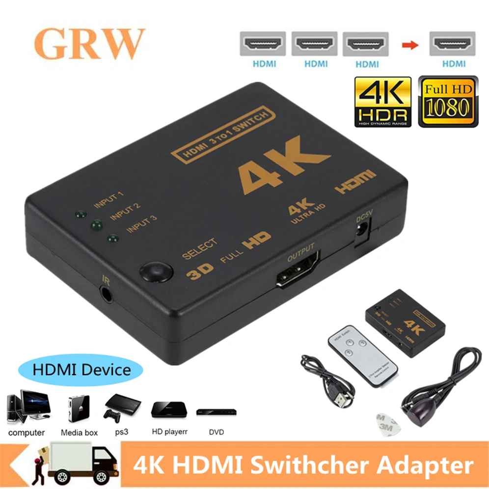 Grwibeou 4K 2K 3x1 HDMI Cable Splitter HD 1080P Video Switcher Adapter 3 Input 1 Output Port Hub for Xbox PS4 DVD HDTV PC | Электроника