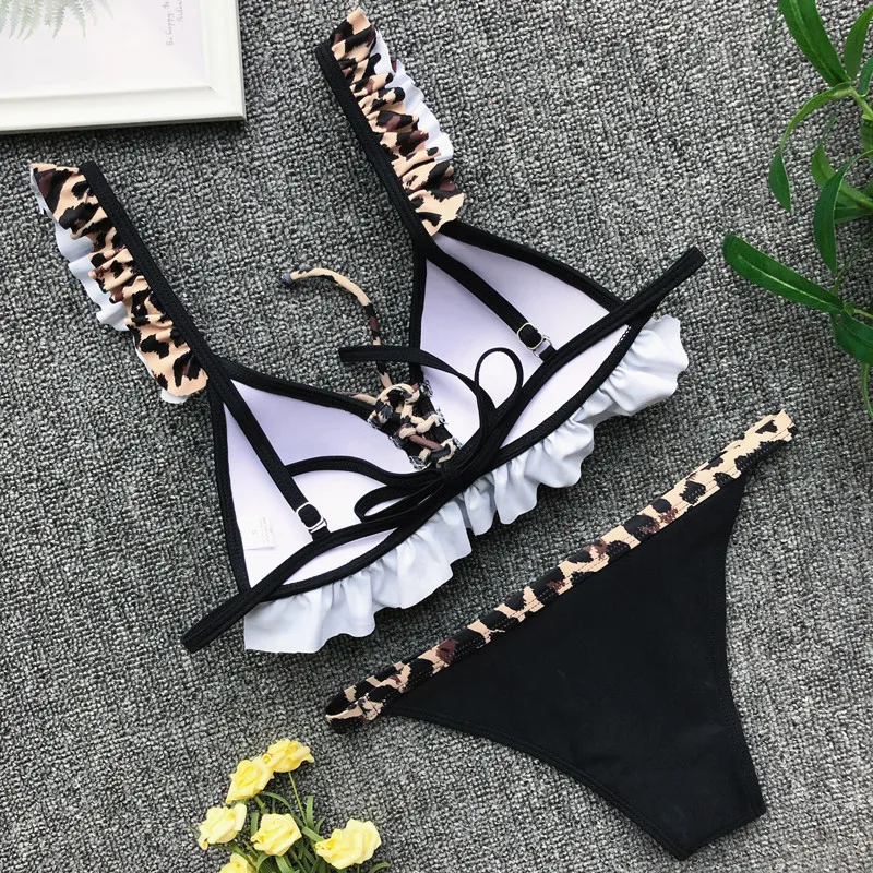 

Ruffle Bikini Sexy Push Up Swimwear Women Swimsuit Female Solid Black White Bikinis Set Brazilian Swimming for Bathing Suit