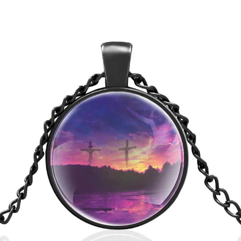 

High Quality Christian Cross Sunset Glow Glass Dome Pendant Necklace Men Women Jewelry Accessories Gifts