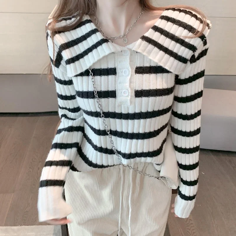 

Black and White Striped Knitted Sweater Women Navy Collar Long Sleeve Loose Casual Pullovers Autumn Winter Fashion Warm Jumpers
