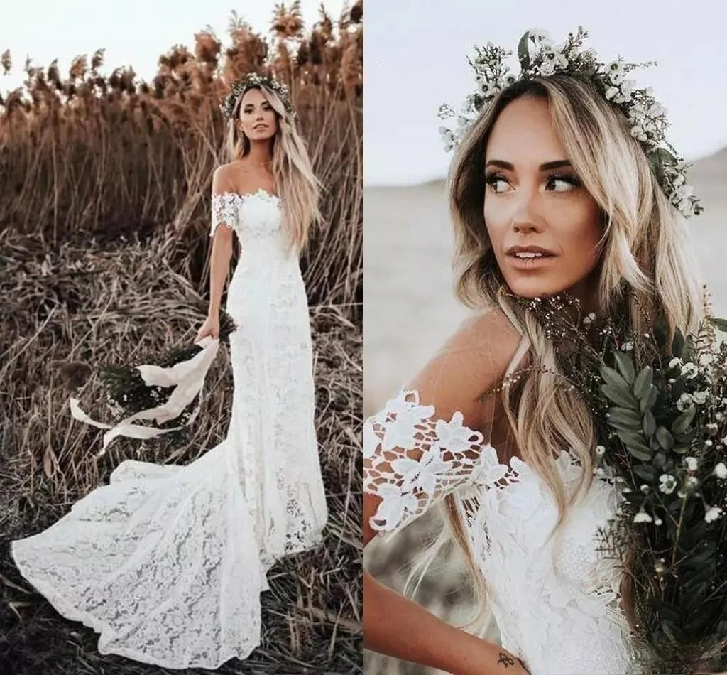 

Sexy Off The Shoulder Full Lace Mermaid Wedding Dresses Chapel Train Beach Country Wedding Gown Short Sleeves Vestido De Novia