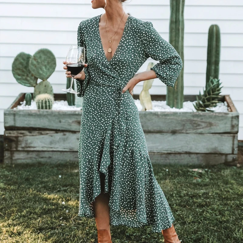 

Autumn winter Elegant Dress Women Sexy Fishtail wave point waist tie long sleeve Dresses female 2021 women casual long dresses