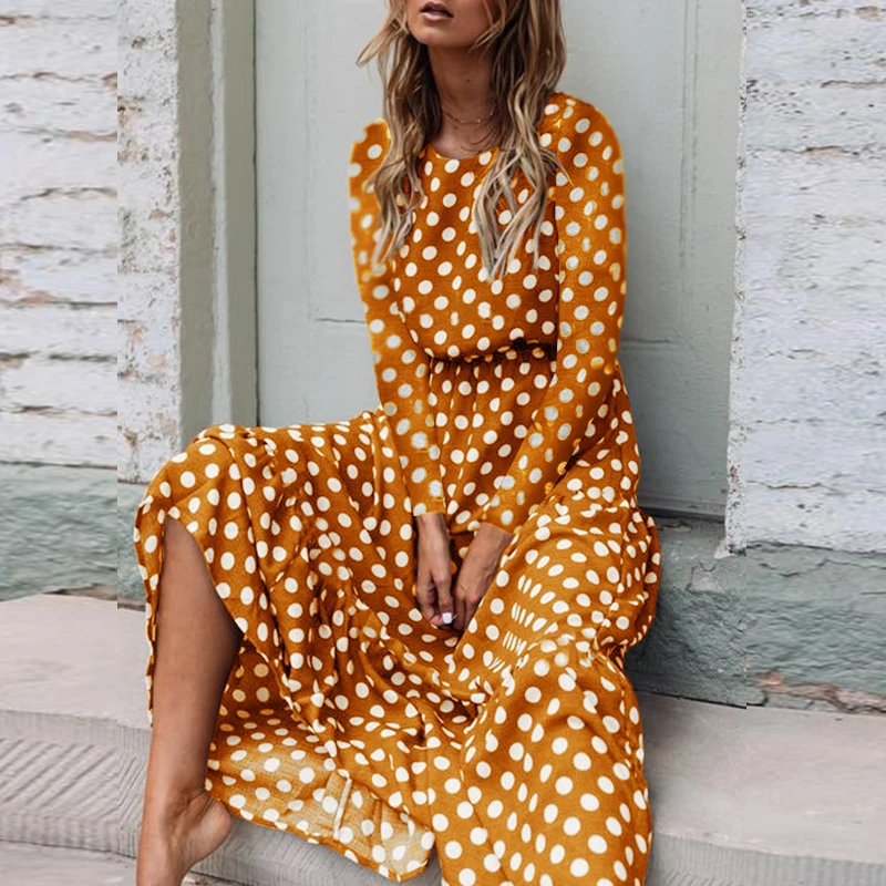 Lipswag женское платье макси в горошек с оборками Boho Осень-зима Повседневные