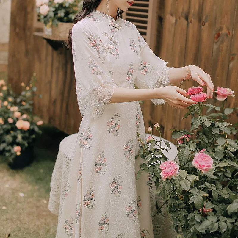 

COIGARSAM Vintage Lace Women One-Piece Dress Korean Floral Print Dresses White Flower F8006