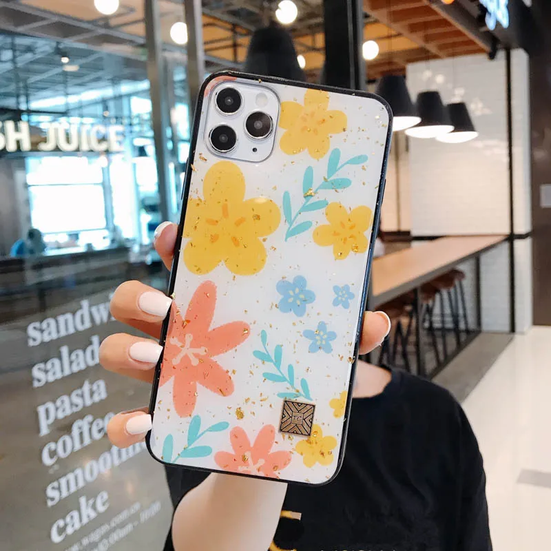 

Luxury Gold Foil Silicone Case For IPhone 12 Mini 11 Pro Xs Max Flower Case Funda For IPhone X XR 7 8 Plus SE Glitter Soft Cover
