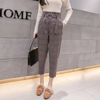 new 2022 womens wool lattice metal buttons nine points streetwear ladies slim harem pants autumn casual with belt h48