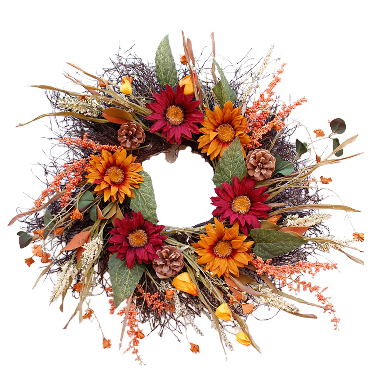 

Artificial Sunflower Wreath Halloween Natural Fake Sunflowers Pine Cone Wheat Pumpkins Maple Leaves Front Door Hanging Decor
