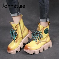 johnature genuine leather women boots winter shoes zip round toe lace up leisure 2021 new winter handmade concise platform boots