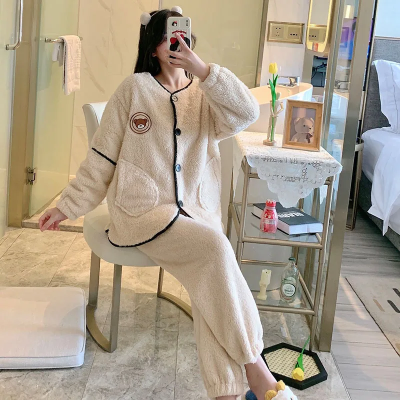 M-5XL New Female Autumn And Winter Flannel Thickened Warm Coral Fleece Home Wear Pajamas Set