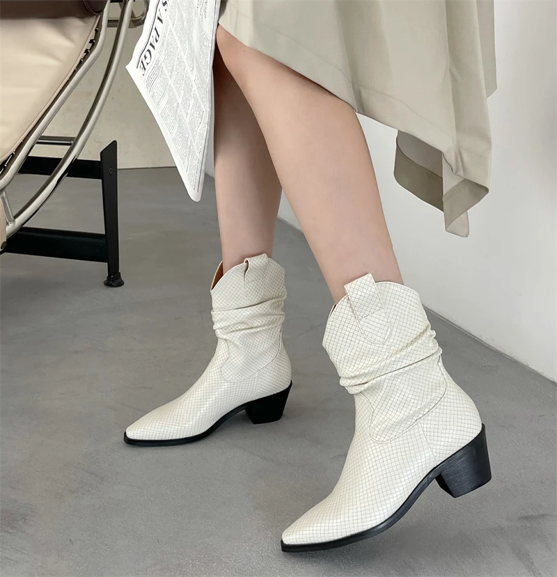 

Fashion Women Western Short Booties Slip On Flats Mid Heeled Black/Beige Party Pumps Wedge Heels Fashion Short Boots Woman 39