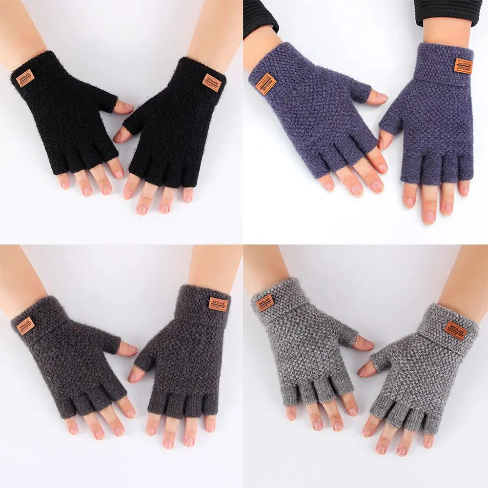 

Men Winter Warm Thick Leather Label Fingerless Gloves Half Finger Mittens Driving Gloves Knitted Alpaca Wool